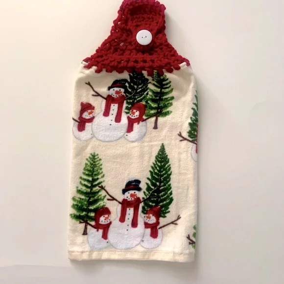 Hand Crafted Snowmen Crochet Top Hanging Kitchen Dish or Bathroom Hand Towels - Picture 6 of 10